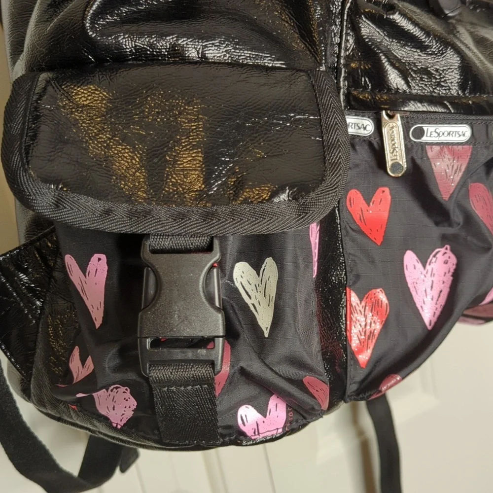 LeSportsac Black Backpack with Red, Pink, White Hearts - Picture 8 of 9